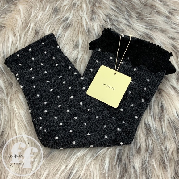 Areve Cozy Black Boho Knit Lace Trim Retro Polka Dot OTK Leg Warmers Boot Cuffs - Picture 5 of 5